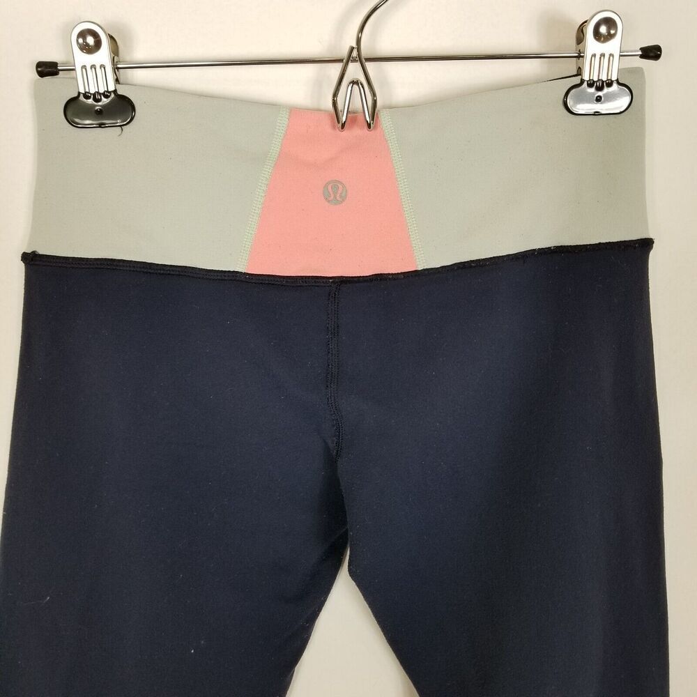 Lululemon Women Cropped Legging Pants‎ Size 6 Navy Green Pink Elastic Waist Yoga - Picture 4 of 5